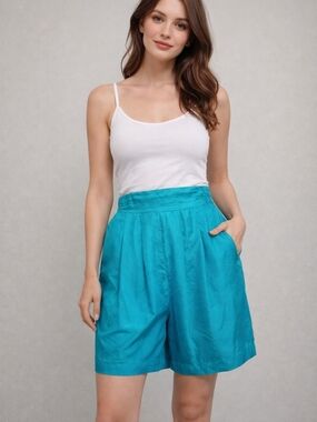 Vintage East West Side 100% Silk Teal Shorts —Elastic Waist, Luxe Resort. Size S